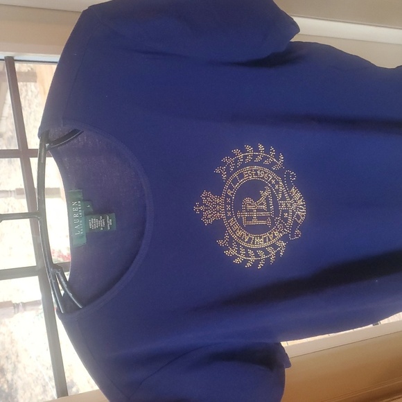 Lauren‎ Ralph Lauren Gold Stud Beaded Crest Graphic Short Sleeve T-Shirt Sz L - Picture 2 of 9